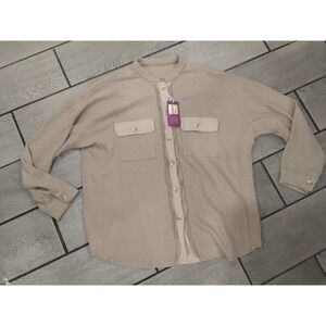 Loveings Beige Waffle Knit Band Collar Button Up Shirt Top XL